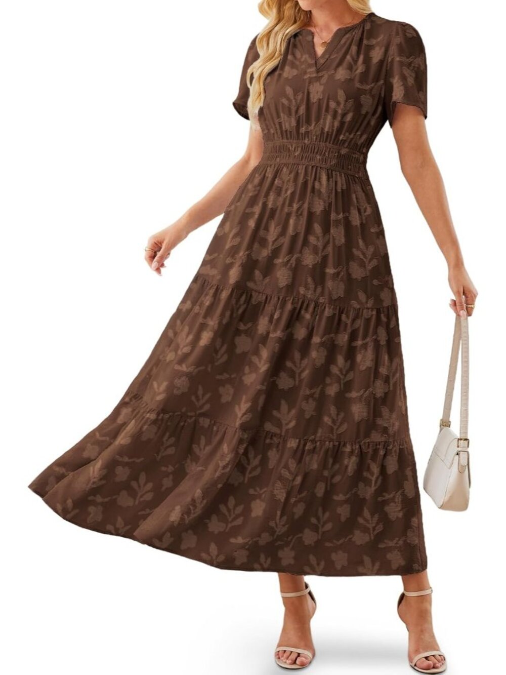 Women Chocolate Brown Short Puff Sleeve V Neck Smocked Waist Imported Maxi Dress